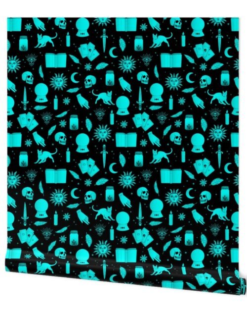 Small Bright Dayglo Aqua Halloween Motifs Skulls, Spells & Cats on Spooky Black Wallpaper