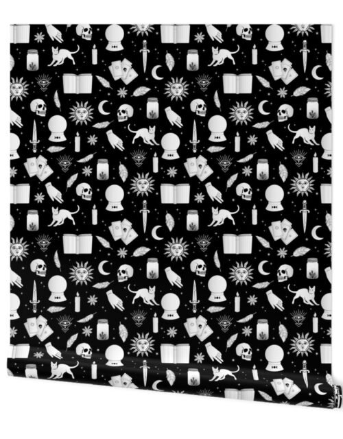 Small Bright White Halloween Motifs Skulls, Spells & Cats on Spooky Black Wallpaper