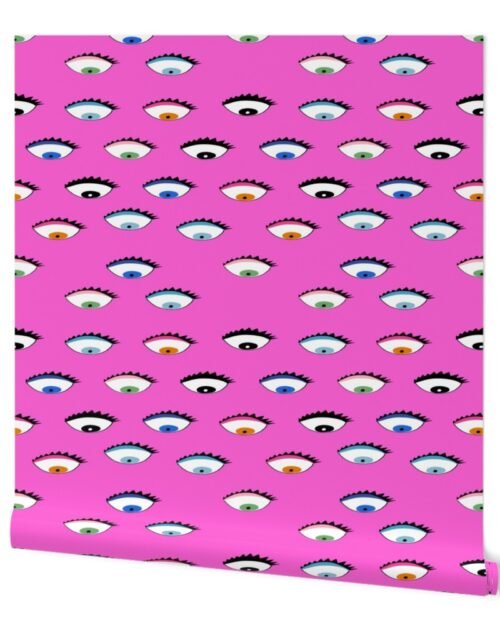 Evil Eyes Multi Colored on Hot Pink Wallpaper