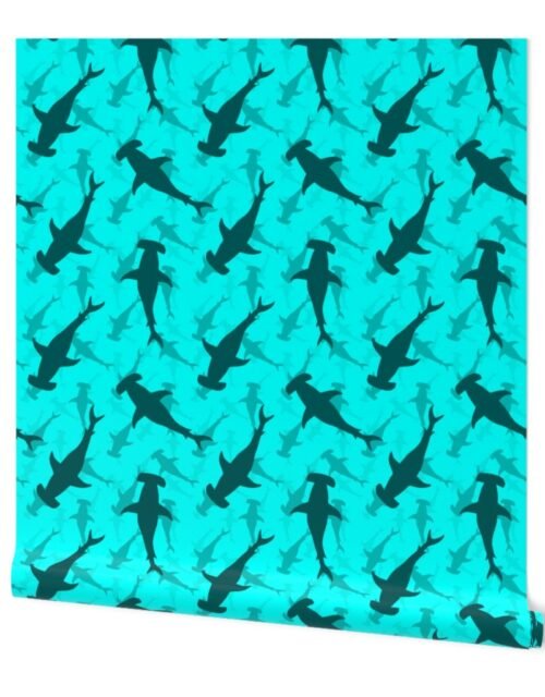 Hammerhead Sharks in Dark Silhouette Circling in Aqua Blue Water Wallpaper