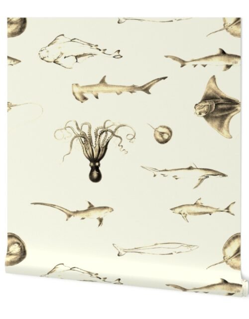 Sharks, Rays, Cephalopods and Squid in Vintage Sepia on Parchment Cream Wallpaper