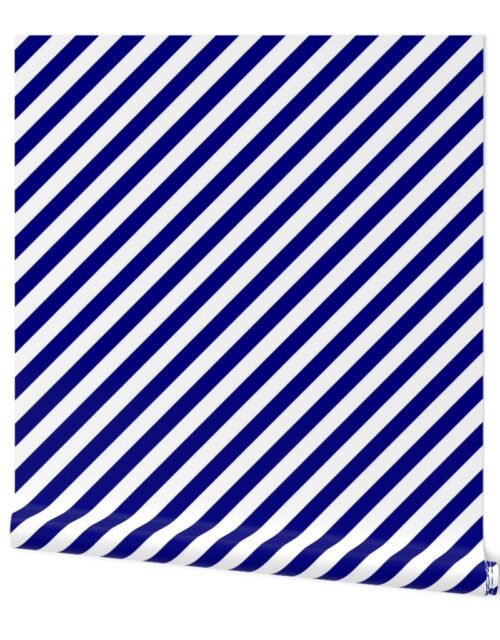 Blue and White 1-inch Diagonal Beach Hut Stripes Wallpaper