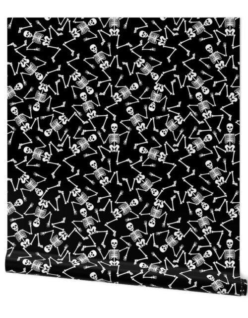 White Dancing Halloween Skeletons Scattered On Black Wallpaper