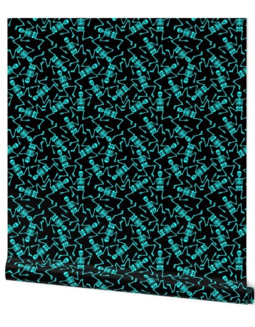 Small  Bright Aqua Dancing Halloween Skeletons Scattered On Black Wallpaper