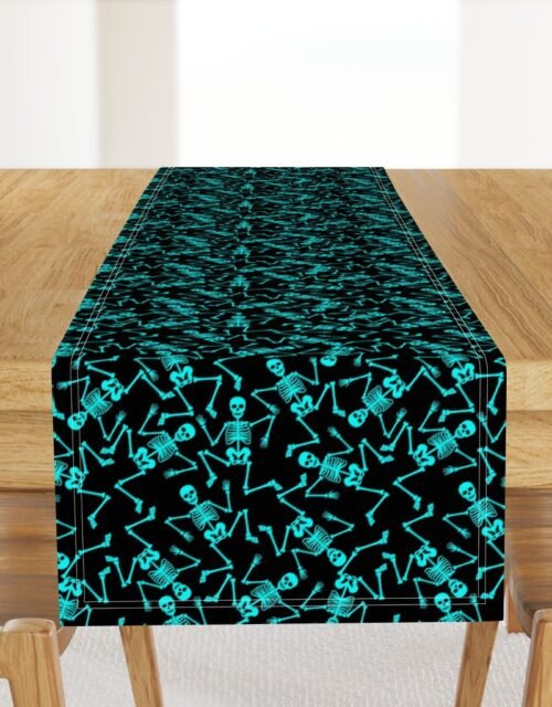 Small  Bright Aqua Dancing Halloween Skeletons Scattered On Black Table Runner