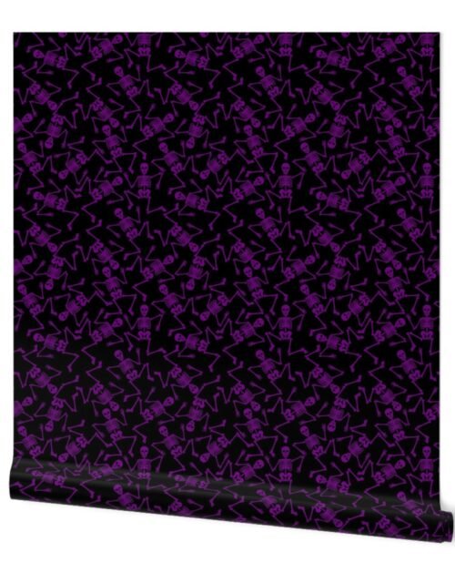 Small Purple Dancing Halloween Skeletons Scattered On Black Wallpaper