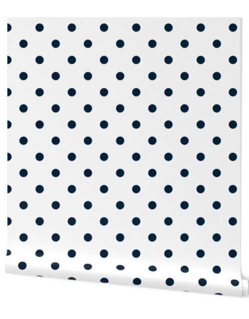 1 inch Classic Navy Blue Polkadots on White Wallpaper