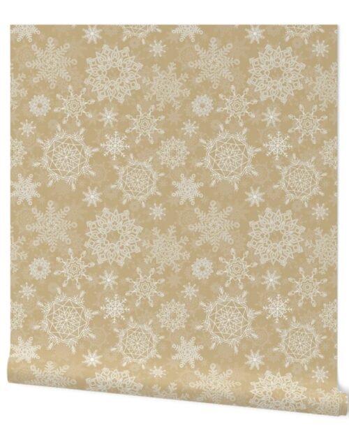 Festive White Christmas Holiday Snowflakes on Antique Gold Wallpaper