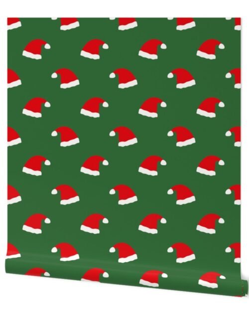 Jolly Old Saint Nick Red Santa Christmas Hats on  Tree Green Wallpaper