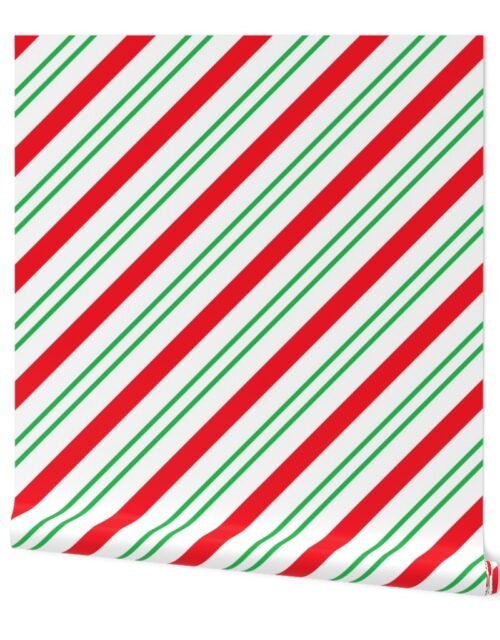 Large Classic Red Green Diagonal Christmas Candy Stripes Wallpaper