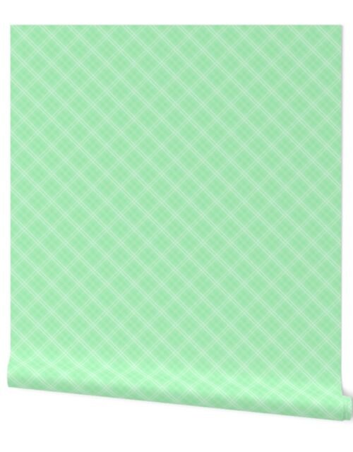 Diagonal Tartan Check Plaid in Pastel Mint Green with Soft Green Lines Wallpaper