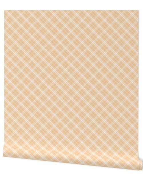 Diagonal Tartan Check Plaid in Pastel Peachy Orange with White Lines Wallpaper