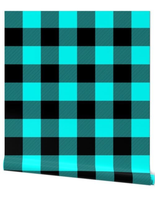 Large Bright Aqua Rustic Cowboy Cabin Buffalo Check Plaid 4 inch Wallpaper