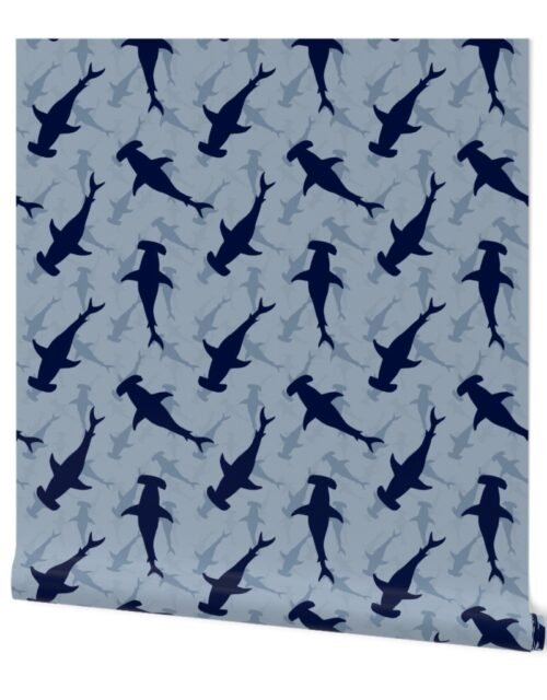 Dark Hammerhead Sharks Silhouette Circling  in Fog Blue Water Wallpaper