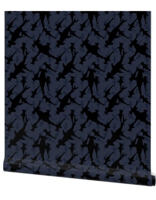 Dark Hammerhead Sharks Silhouette Circling  in Navy Blue Water Wallpaper