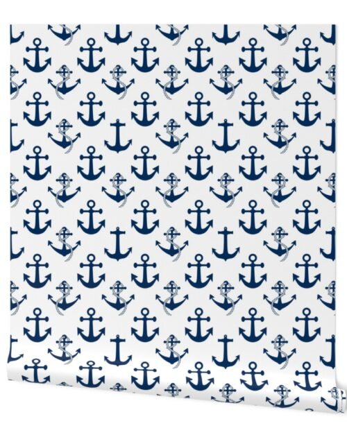 Large Nautical Blue Sailing Boat Anchors on White Wallpaper