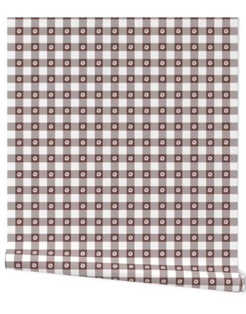 Cinnamon Brown and White Gingham Check with Center Floral Medallions in White Wallpaper