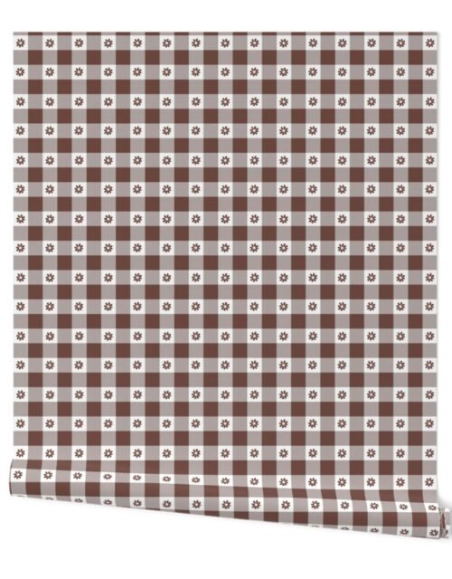 Cinnamon Brown and White Gingham Check with Center Floral Medallions in Cinnamon Wallpaper