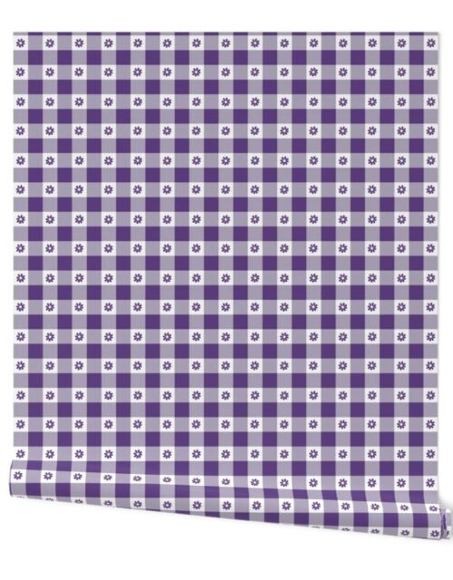 Purple Grape and White Gingham Check with Center Floral Medallions in Purple Wallpaper