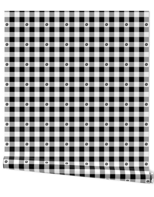 Black and White Gingham Check with Center Floral Medallions in Black Wallpaper