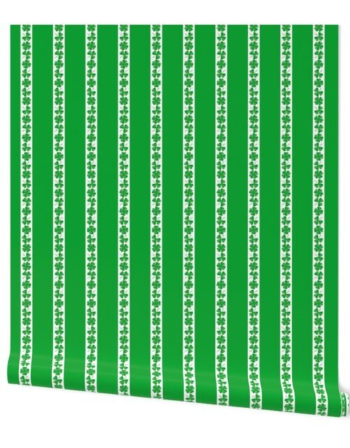 Single  Striped St. Patricks 3 and 4-Leafed Shamrocks in Kelly Green Wallpaper