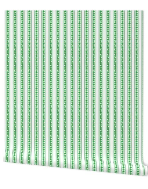 Small Double Striped St. Patricks 3 and 4-Leafed Shamrocks in Kelly Green on White Wallpaper