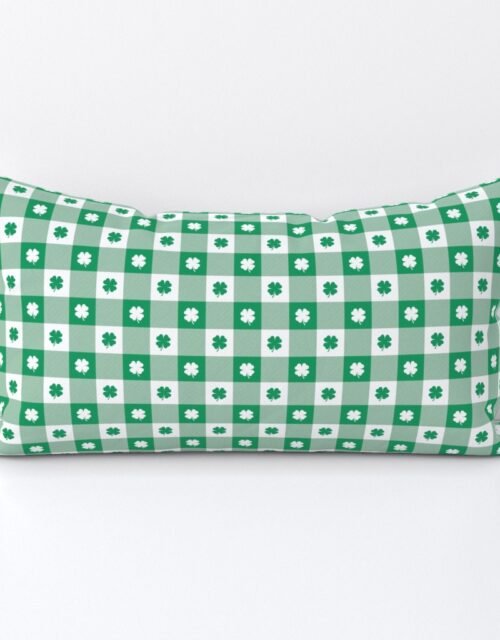 Kelly  and White Gingham Check with Center Shamrock Medallions in Kelly and White Lumbar Throw Pillow