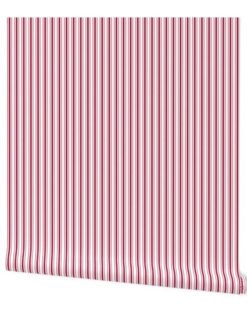 Color of the Year Viva Magenta with White Vertical Narrow Ticking Stripes Wallpaper