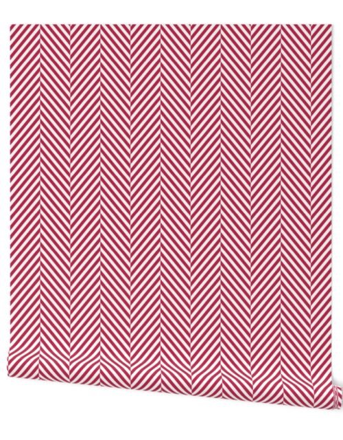 Viva Magenta and White Geometric Herringbone Pattern Wallpaper