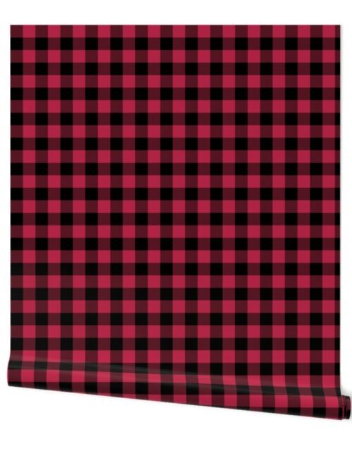 1 Inch Black and Viva Magenta  Check Gingham Wallpaper