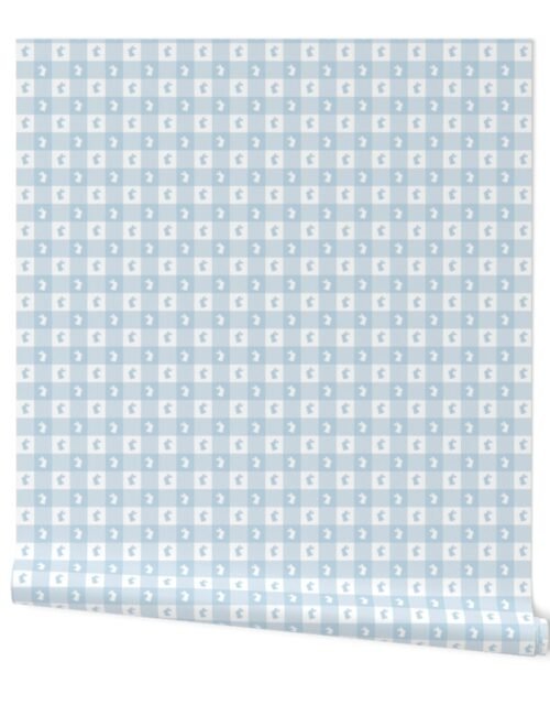 Baby Blue and White Gingham Check with Center Bunny Medallions in Blue and White Wallpaper