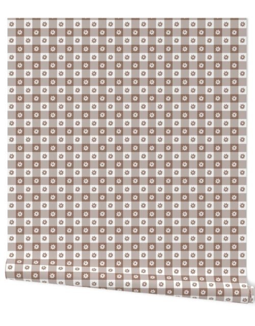 Mocha  and White Gingham Floral Check with Center Floral Medallions in Mocha and White Wallpaper