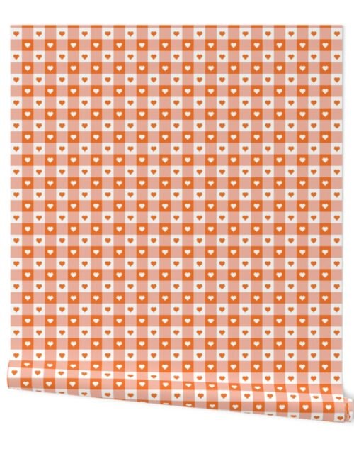 Carrot and White Gingham Valentines Check with Center Heart Medallions in Carrot and White Wallpaper