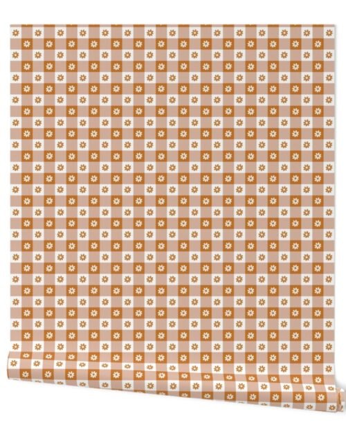 Desert Sun  and White Gingham Floral Check with Center Floral Medallions in Desert Sun and White Wallpaper