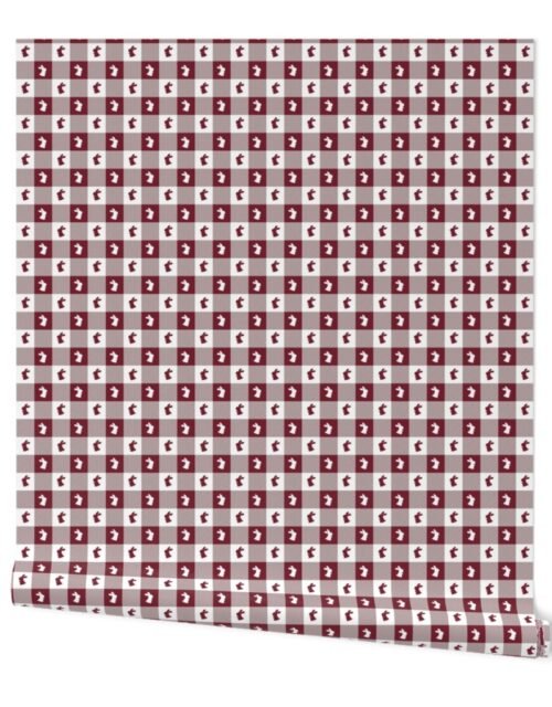 Wine and White Gingham Easter Check with Center Bunny Medallions in Wine and White Wallpaper