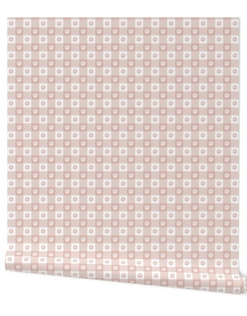 Blush  and White Gingham Floral Check with Center Floral Medallions in Blush and White Wallpaper