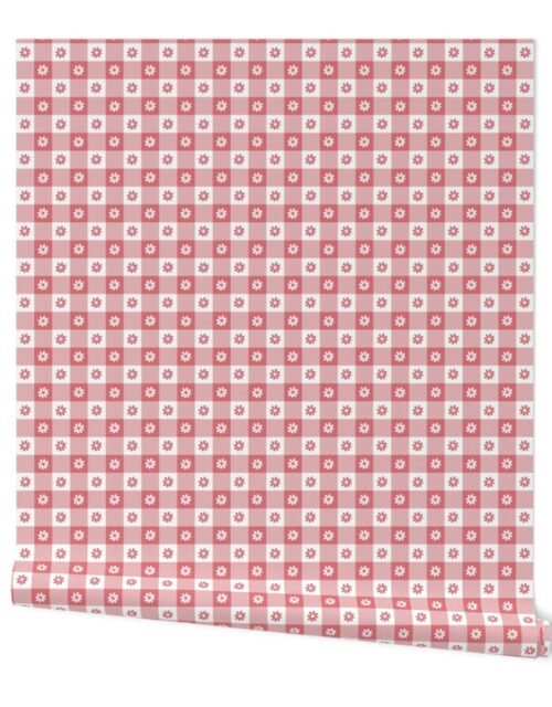 Watermelon  and White Gingham Floral Check with Center Floral Medallions in Watermelon and White Wallpaper