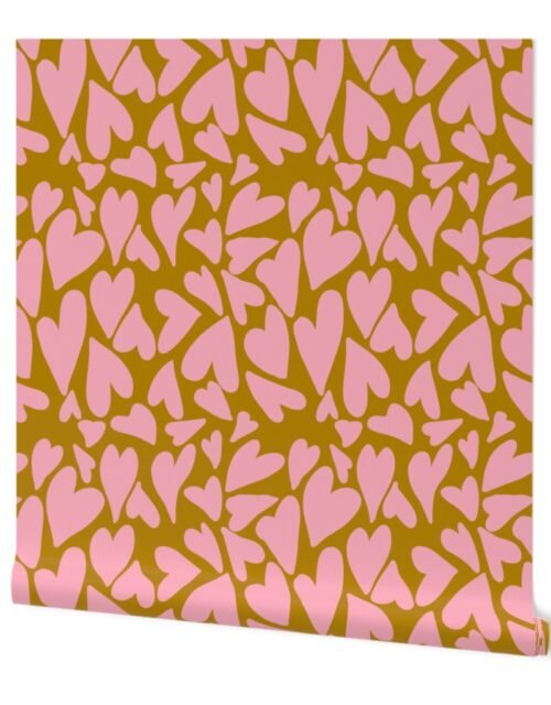 Crazy Jumbo Hearts in Pink on Ochre Wallpaper