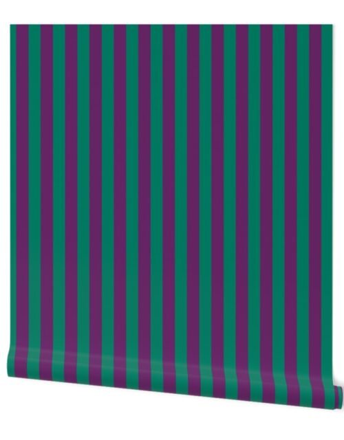 One Inch Vertical Purple and GR Green School Colors Stripes Wallpaper