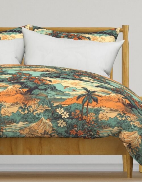 Vintage Hawaiian Landscape Teal Duvet Cover