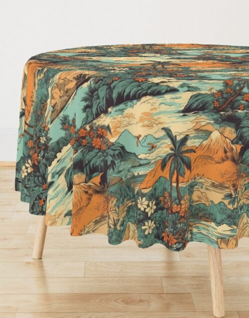 Vintage Hawaiian Landscape Teal Round Tablecloth