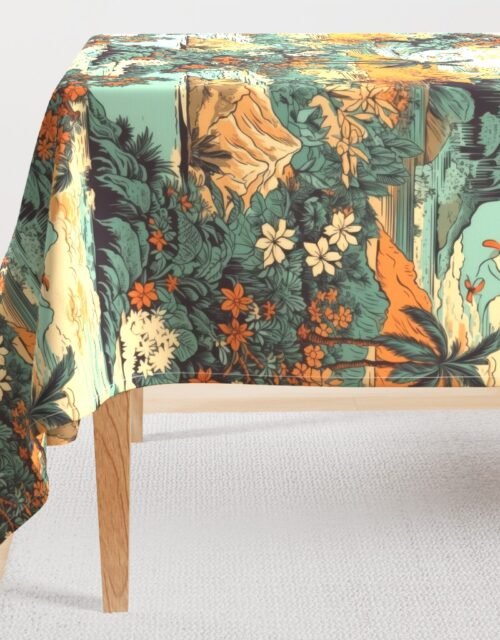 Vintage Hawaiian Landscape Teal Rectangular Tablecloth