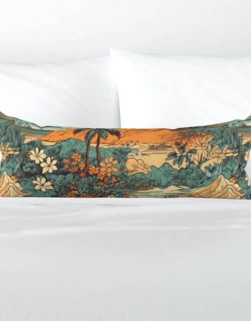 Vintage Hawaiian Landscape Teal Extra Long Lumbar Pillow