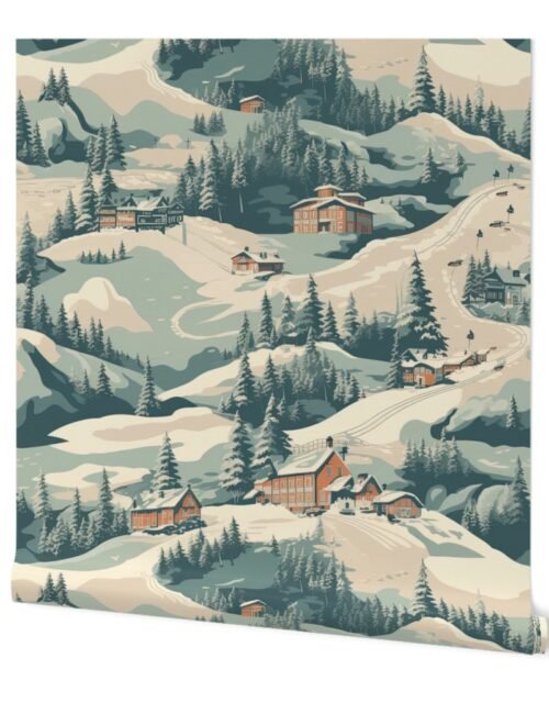 Vintage Ski Slope Blue Wallpaper