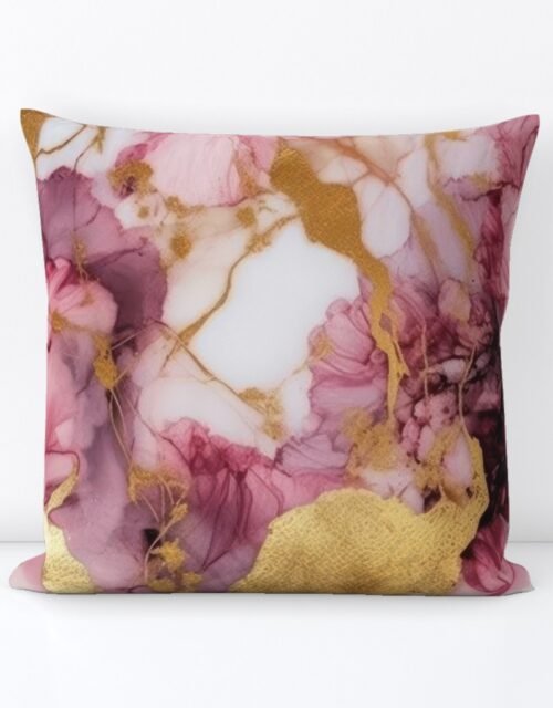 Rose Quartz and Gold Alcohol Ink 1 Square Throw Pillow