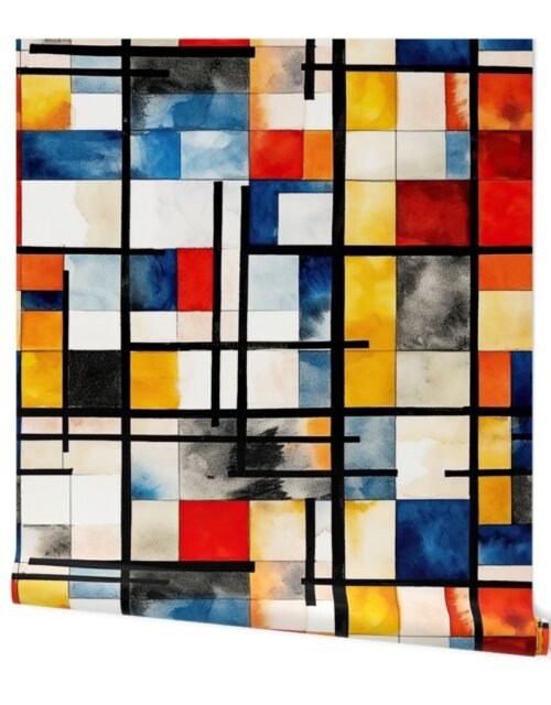 Classic De Stijl Geometric Primary Color Pattern in Watercolor Wallpaper