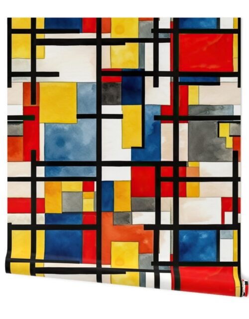 Classic De Stijl Geometric Primary Color Pattern in Watercolor Wallpaper