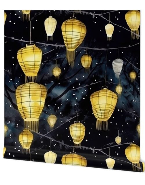 Yellow Glowing Chinese Paper Lanterns Watercolor Wallpaper