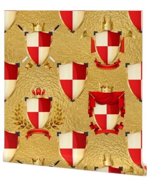 Heraldry Shield in Red and White on Faux Gold Foil Wallpaper