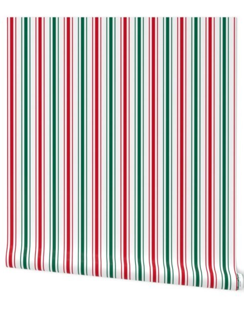 Mexican Flag Colors Red, White and Green Ticking Stripes Wallpaper